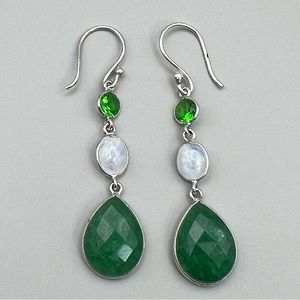 New Faceted Green Emerald and Moonstone Stone Silver Overlay Earrings
